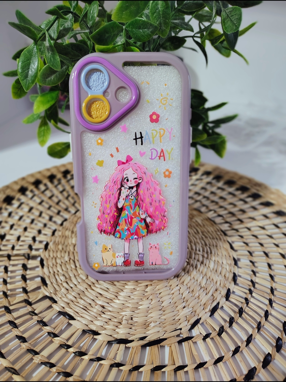 Pink Purple Glitter "Happy Day" Cartoon Girl IPhone 17 Case